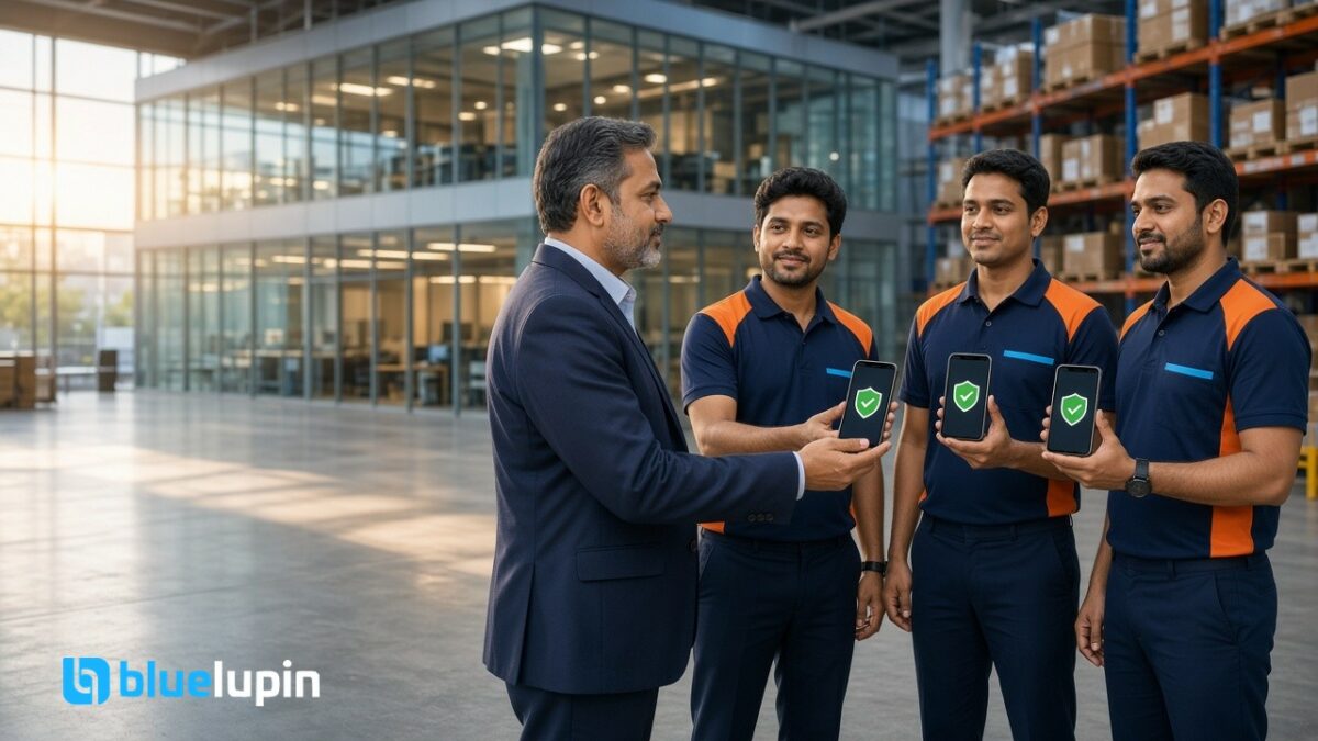 A manager in a modern logistics hub hands company Android phones to field staff, each showing an app with a green verified shield.