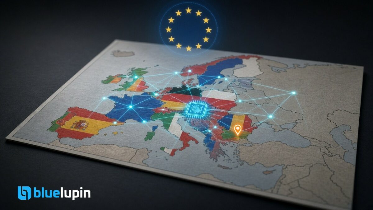 Map of Europe with EU member states in flag colours under the EU stars, linked by a glowing AI network