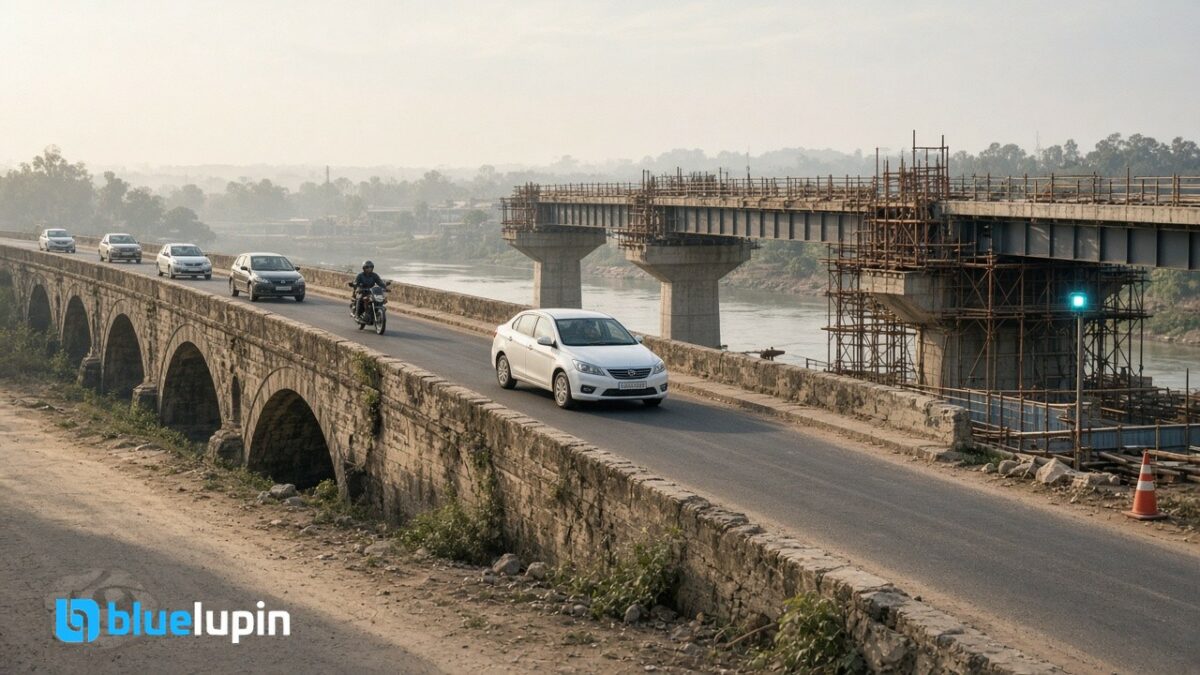 Editorial photo of an old stone bridge still carrying traffic beside a new bridge under construction, metaphor for legacy system migration by coexistence.