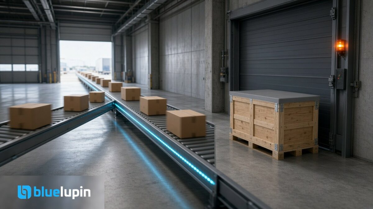 Warehouse express conveyor for cheap cached tool calls beside a gated high-value crate for typed tool approval; Bluelupin lockup bottom-left.