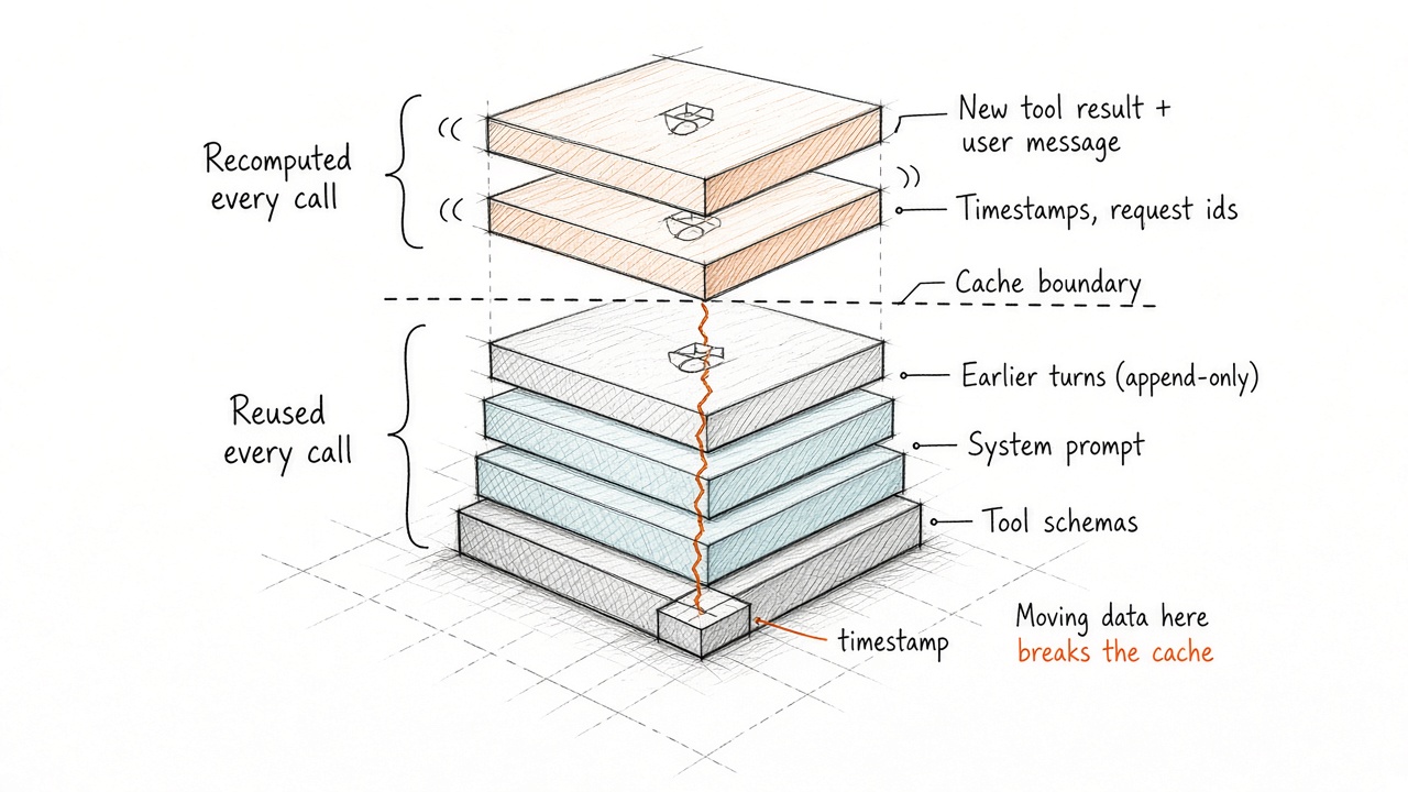 Isometric sketch of a stacked prompt: tool schemas, system prompt, and earlier turns sit below a dashed cache boundary and are reused every call; the new tool result, user message, and timestamps sit above it and are recomputed each call.