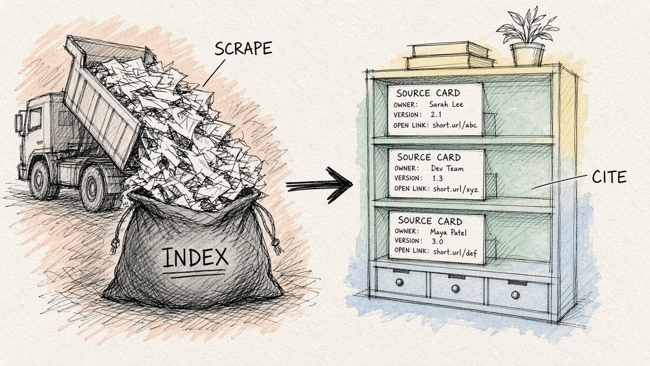Hand-drawn sketch contrasting scrape dump vs cite shelves with source cards