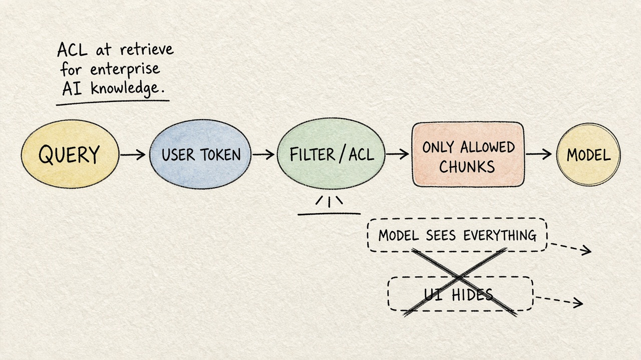 Hand-drawn sketch of deny-by-default ACL filtering before retrieval