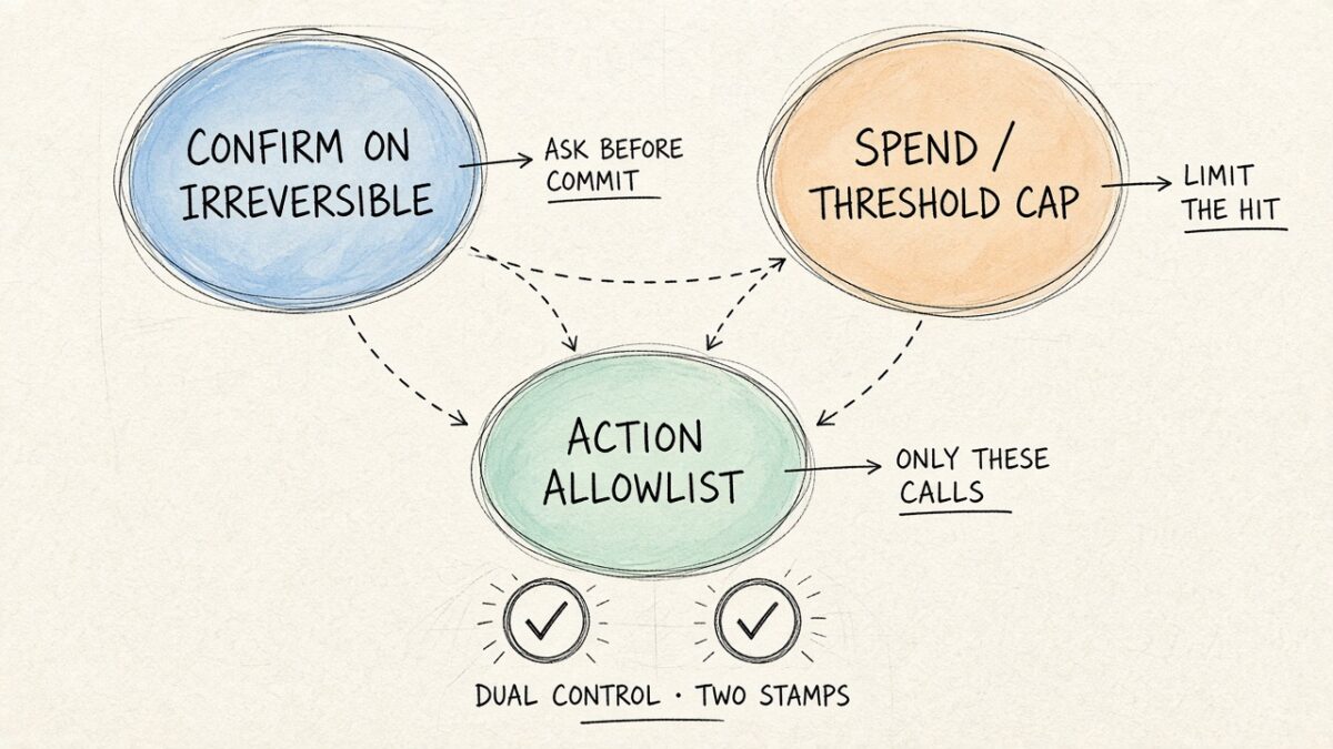 Confirm on irreversible, spend or threshold caps, and an action allowlist. Dual control adds two stamps when the stake is high.
