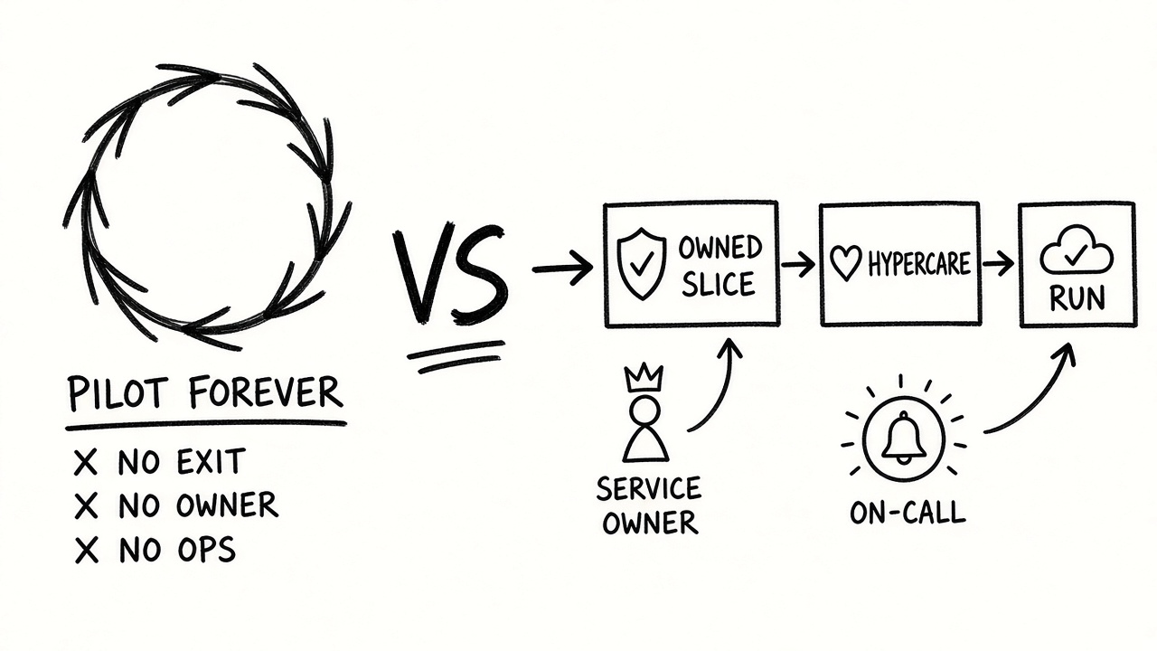 Whiteboard sketch contrasting a pilot-forever loop with an owned path into hypercare and run.