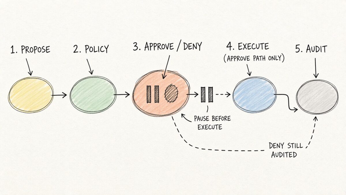 Propose, check policy, then approve or deny with a pause before execute. Deny still lands in audit.