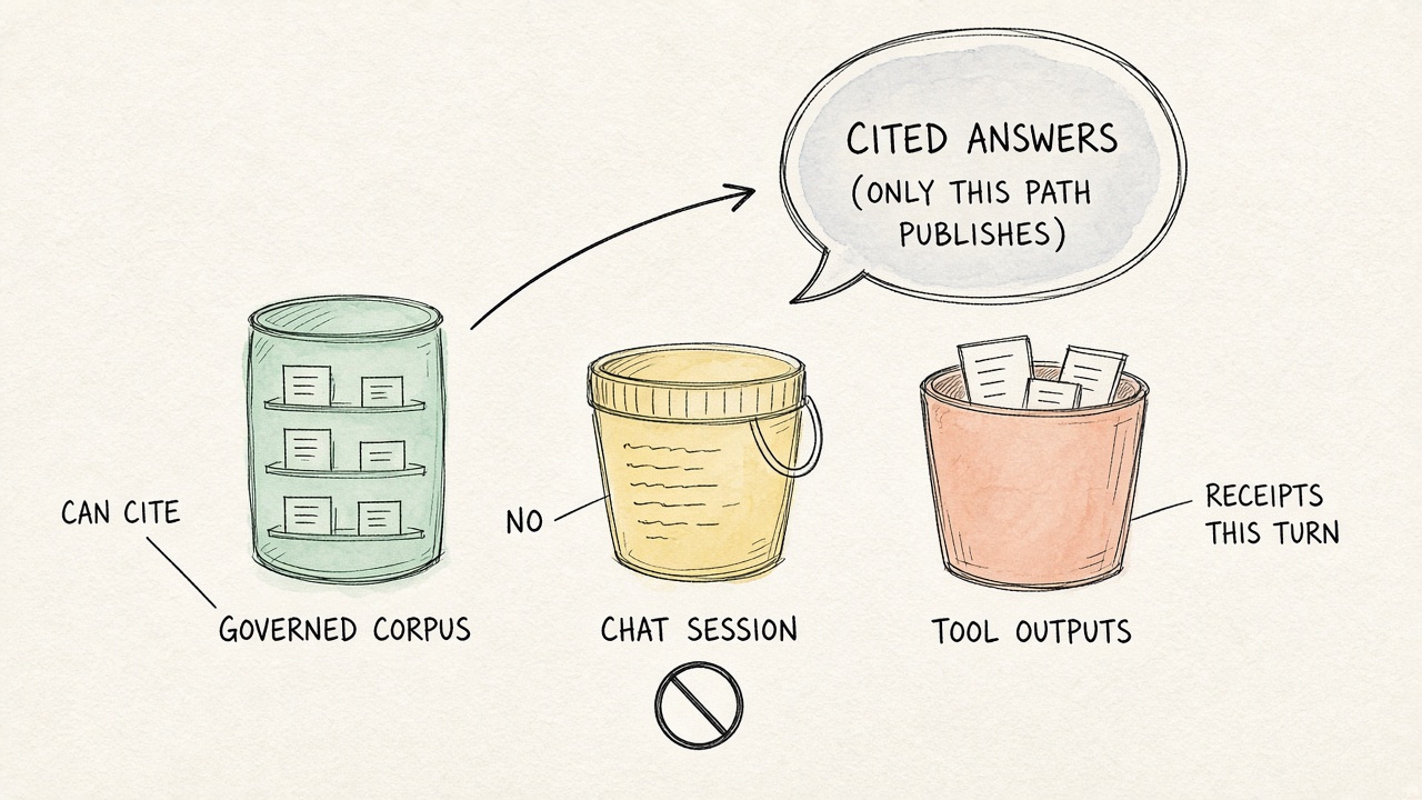 Hand-drawn sketch of governed corpus vs chat session vs tool outputs