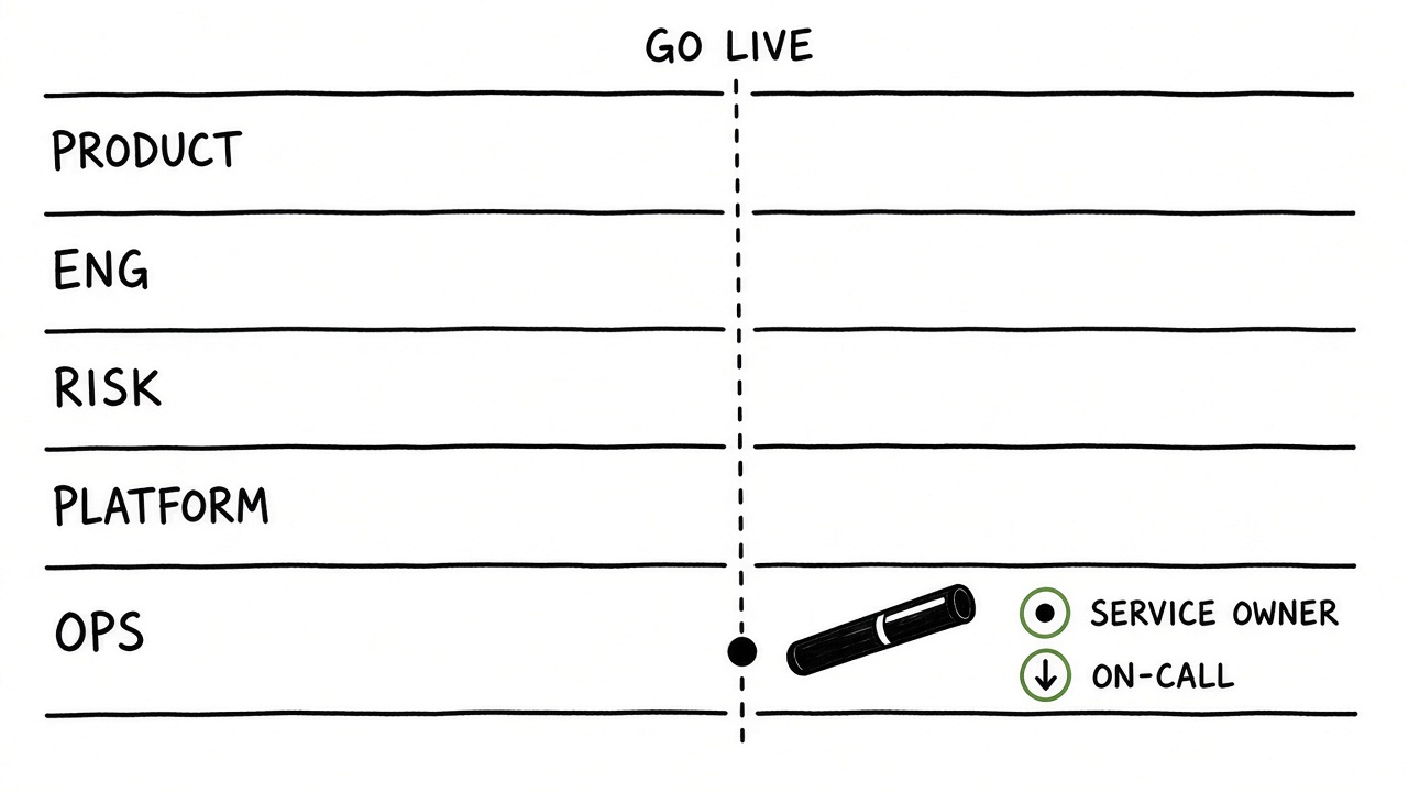 Whiteboard sketch of Product, Eng, Risk, Platform, and Ops lanes with the baton in Ops after go-live.