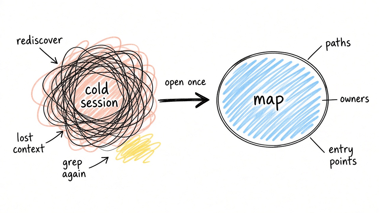 Hand sketch: a tangled cold session opening once into a calm map