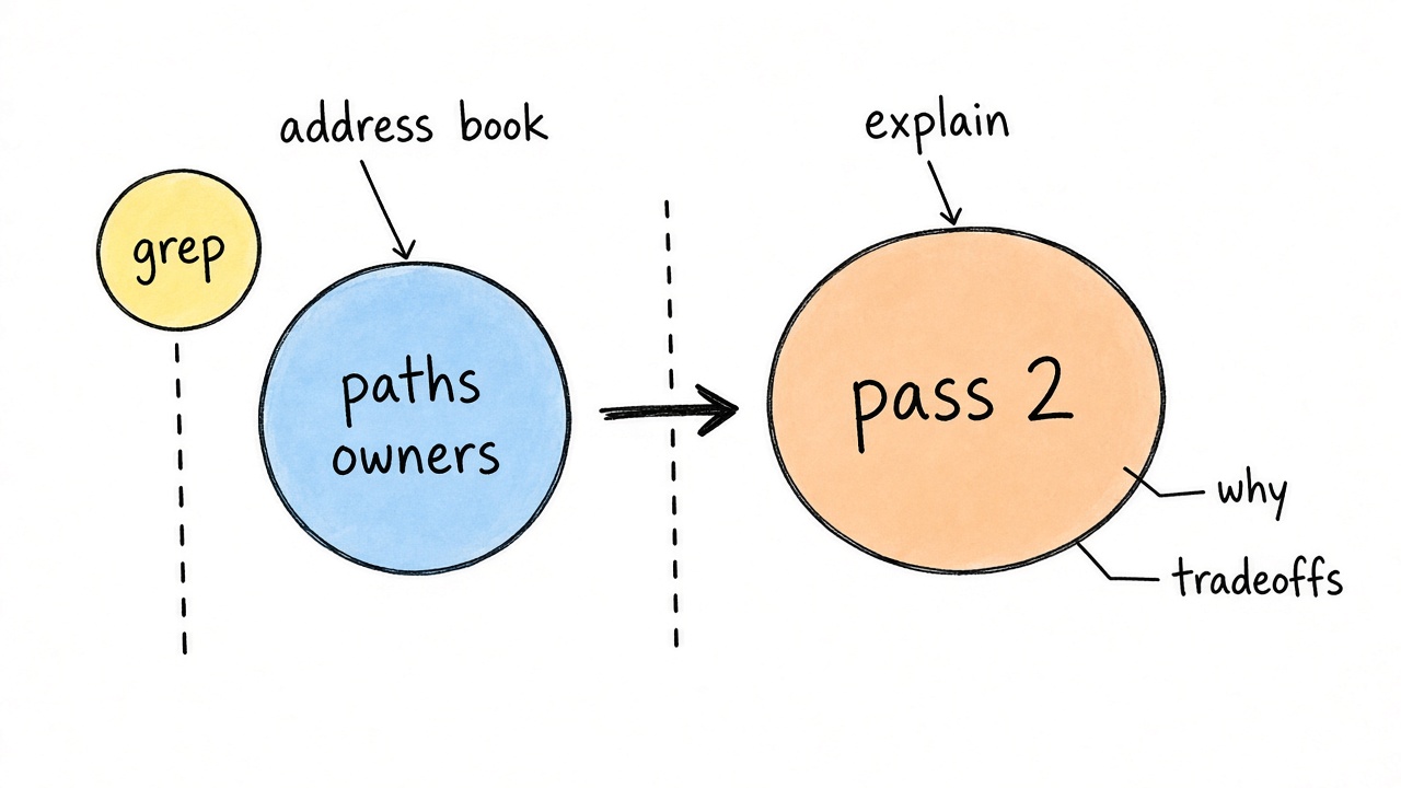 Hand sketch: grep and an address book, then a second pass that explains