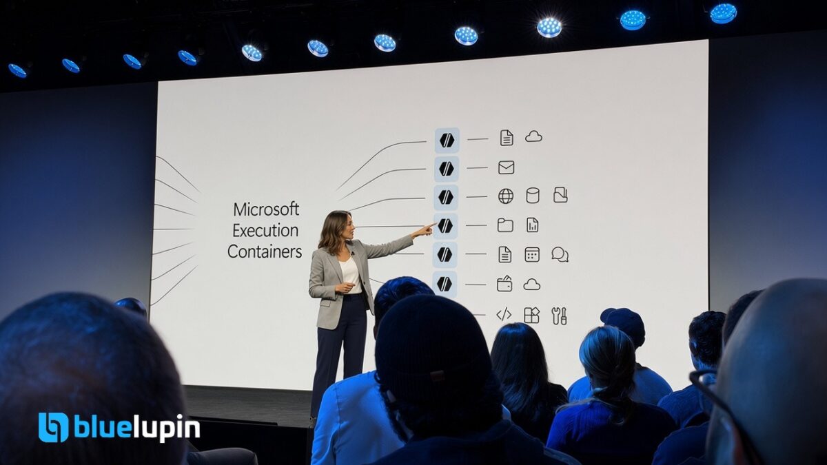 Keynote stage with a presenter pointing at a slide showing agents connecting to files, mail, web and data under Microsoft Execution Containers policy