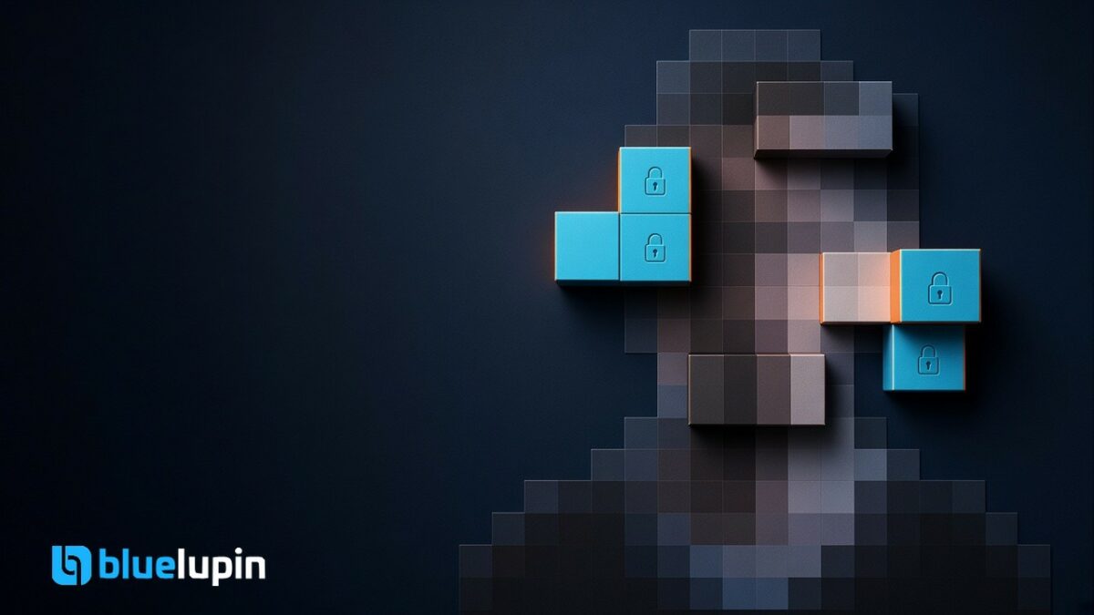 Pixelated portrait where some face squares stick out as 3D boxes, the cyan ones marked with padlocks as tokens