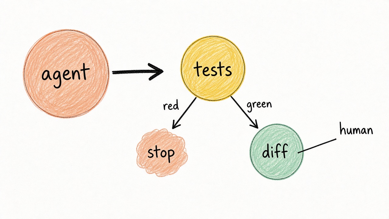 Hand sketch: tests stop a red change, a green one goes to a human on the diff