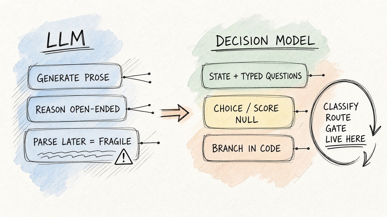 Napkin sketch comparing LLM generation to decision model typed outputs